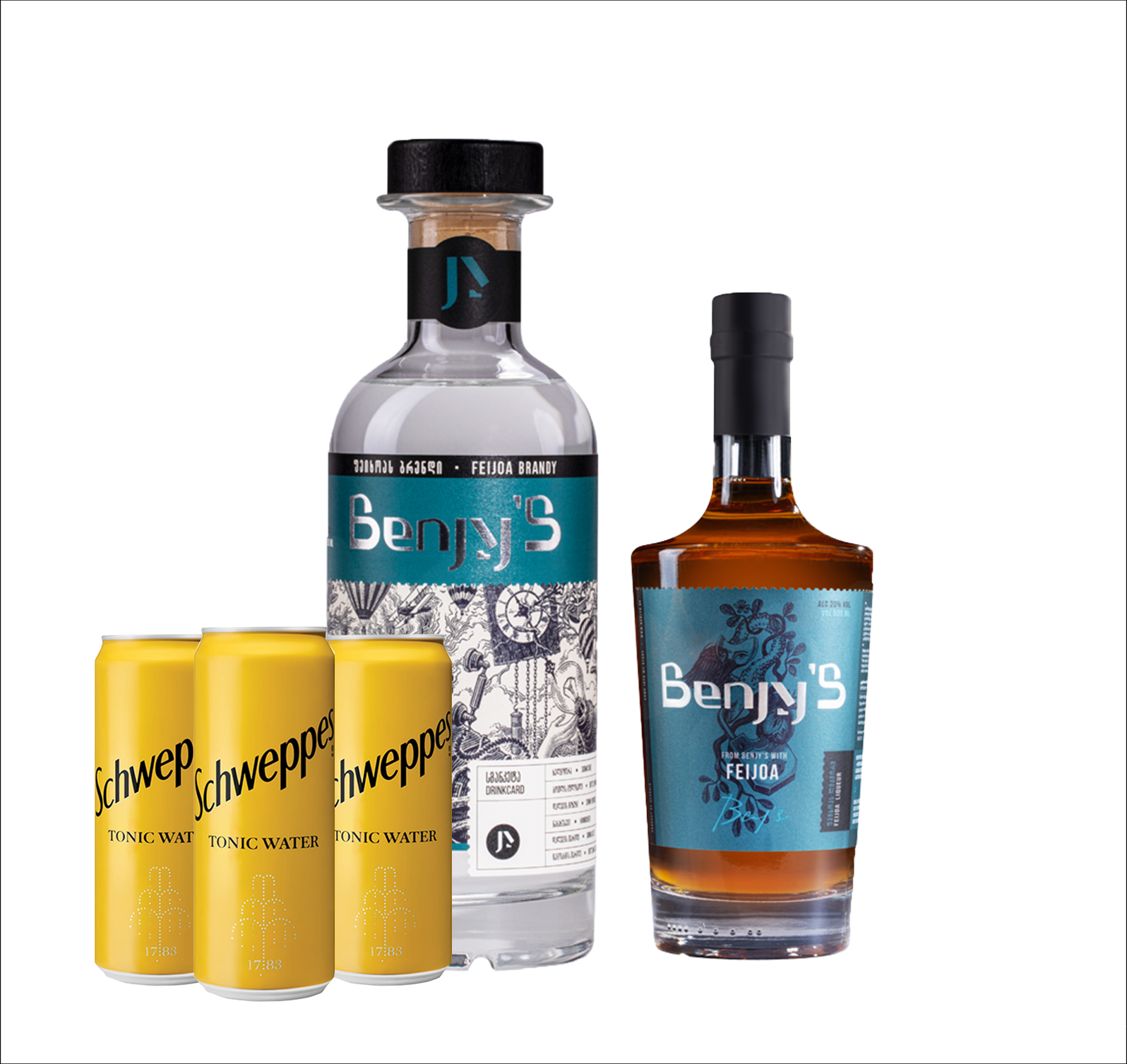 Benjy Feijoa & Feijoa 3 toinc Benji, Feijoa Brandy 700ml + Benji Feijoa Liqueur 500ml+ X3 Schweppes Tonic