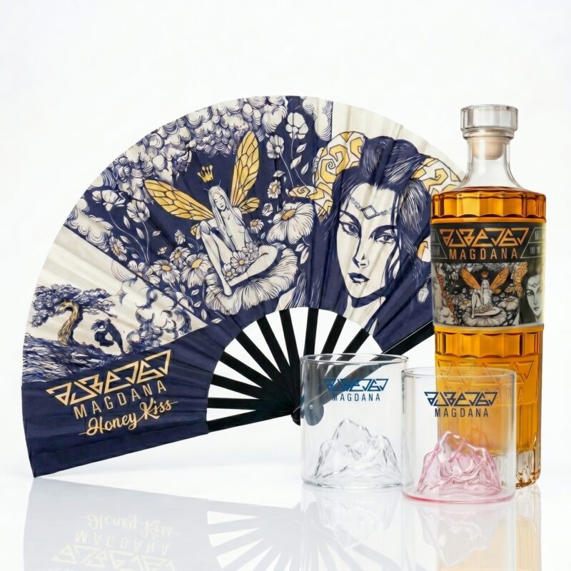 Magdana Gin Liqueur Honey Kiss 0.7L + 2 Branded Glasses + Hand Fan